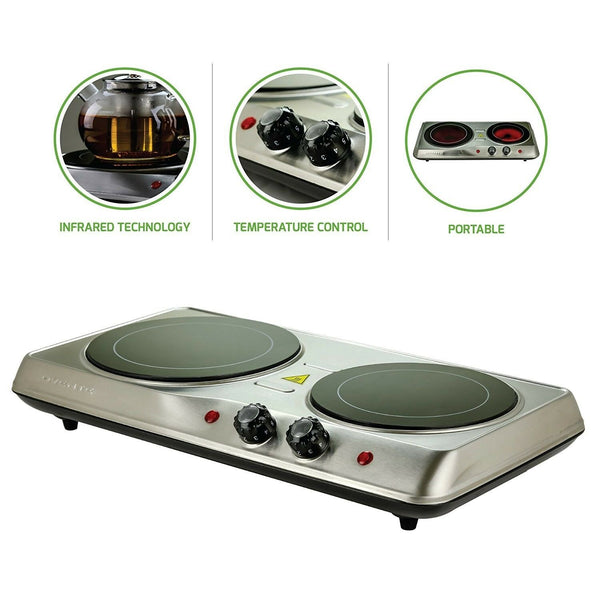 Ovente Countertop Burner Infrared Ceramic Glass Double Plate Cooktop1700W